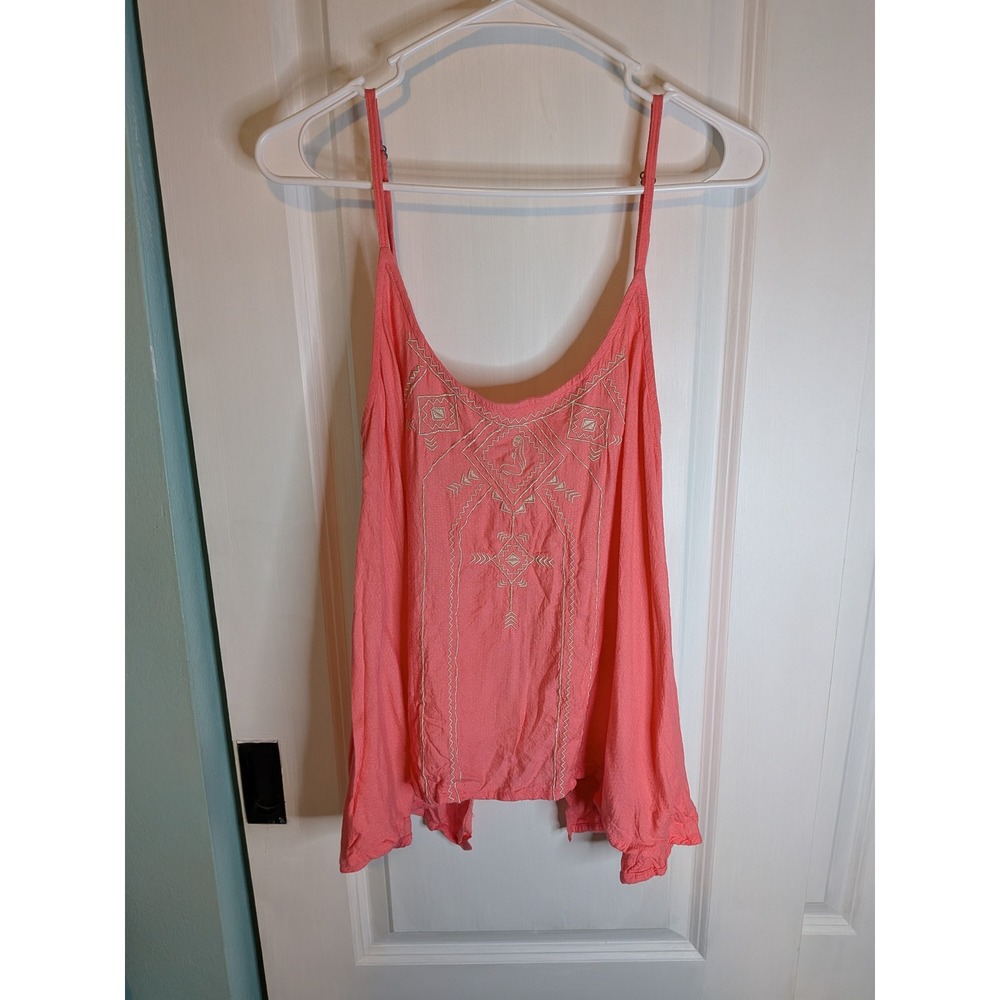 Hinano Tahiti Womens Coral Pink Embroidered Split Back Cami Top Small Boho Rayon